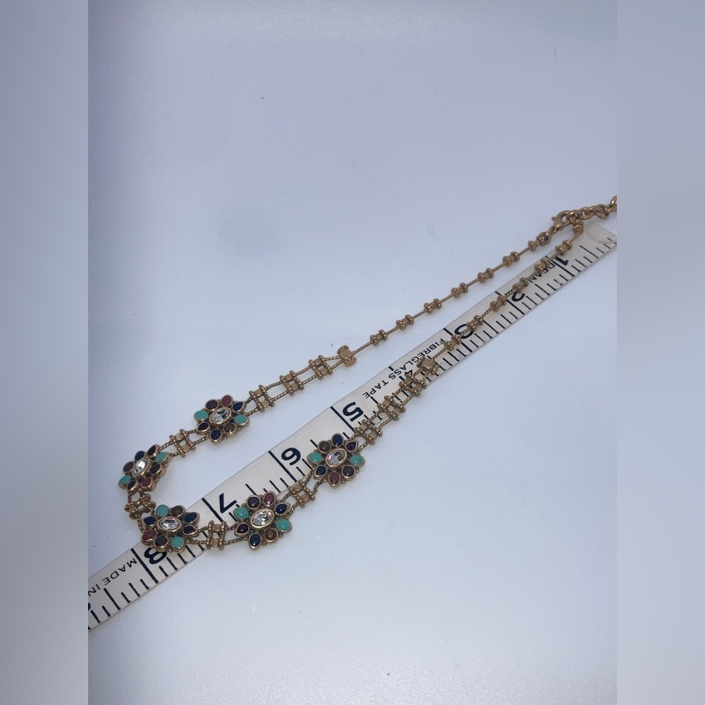 Vtg 80s AK Anne Klein Flower Cabochon Rhinestone Brass Metal Necklace 16” + 1.5” - Picture 8 of 10